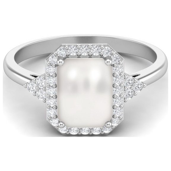 7X5MM Octagon Shape Natural Pearl Gemstone 925 Sterling Silver Solitaire Trio Accents Valentines Day Gifts Rings For Womens