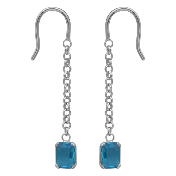 7X5MM Octogan Shape Blue Topaz Hydro Gemstone 925 Sterling Silver Long Dangle Earrings