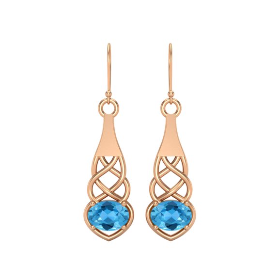 7X5MM Oval Swiss Blue Topaz 925 Sterling Silver Rose Vermeil Celtic Dangle Drop Mother's Day Gift Women Earrings