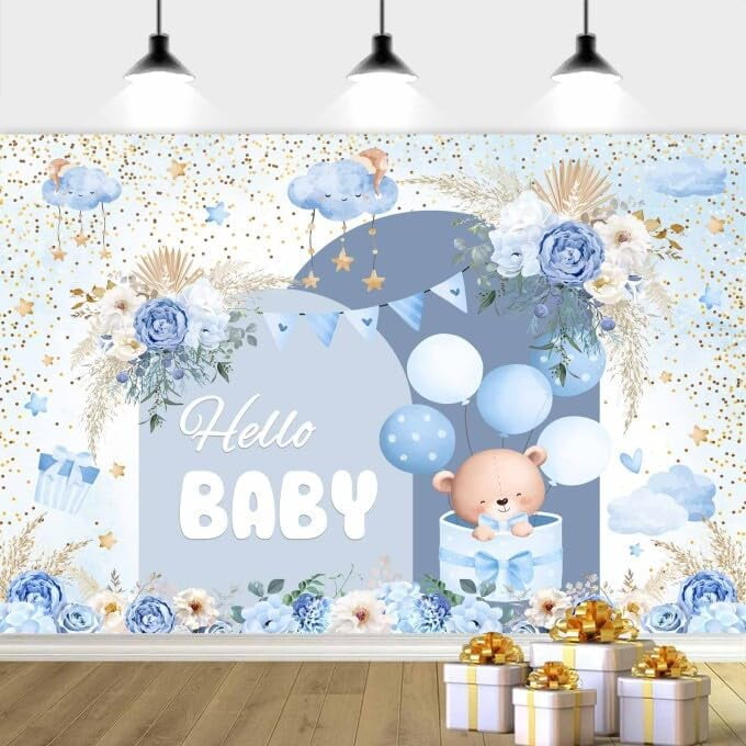 Personalized Pink Flowers Blue Baby Shower Backdrop