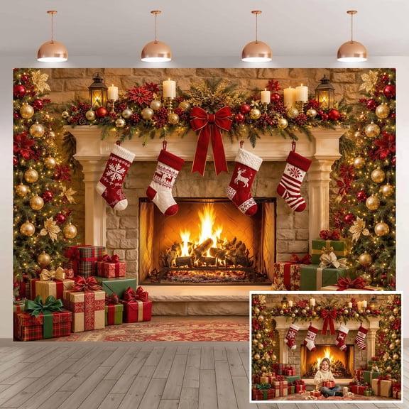 7X5ft Christmas Fireplace Theme Backdrop for Photography, Vinyl Fabric Xmas Tree Stocking Gifts Backgrounds Banner, Holiday Party Decorations Supplies, Photographic Studio Photo Shoot Prop