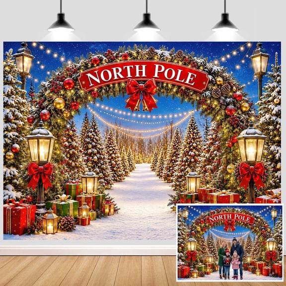7X5ft Christmas North Pole Photography Backdrops, Vinyl Fabric Banner Winter Aurora Borealis Snowy Forest Wonderland Scene Backgrounds with Lamps Gifts, Xmas Party Decor Photo Booth Studio Prop