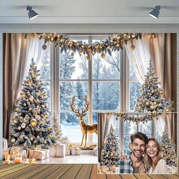 7X5ft Christmas Window Backdrop for Photography Xmas Tree Christmas Deer Snow Scene Forest New Year Event Party Decor Banner Family Holiday Party Decor Photo Background Photo Props