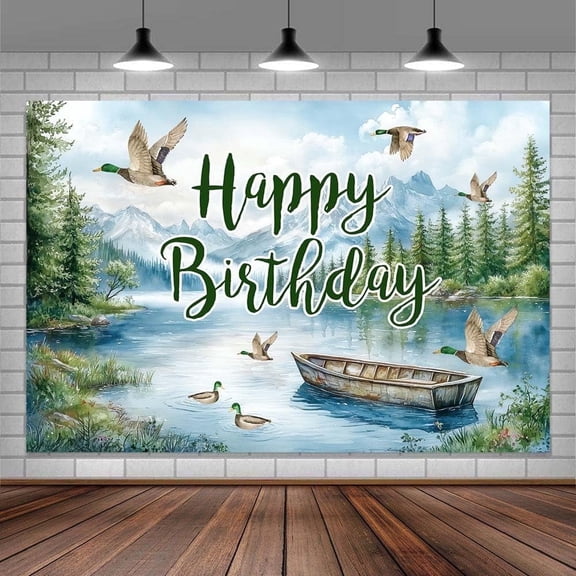 7X5ft Duck Hunting Happy Birthday Backdrop Party Decorations Photography Background Mallard Duck Theme Mountain Lake Green Forest Kids Baby Photo Studio Props