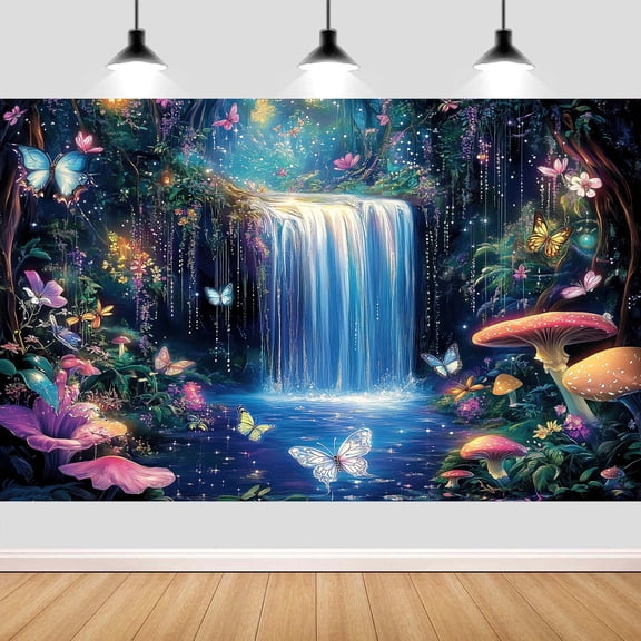 7X5ft Enchanted Forest Photography Backdrop Fantasy Wonderland with Waterfall Mushroom Floral Butterfly Magic Landscape Photo Booth Props for Party Decorations Studio Shoots