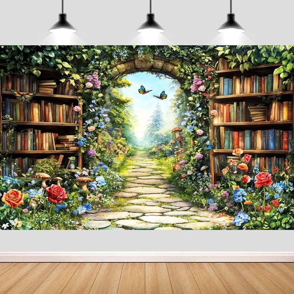 7X5ft Fairy Forest Wonderland Photography Backdrop Enchanted Library Garden Path with Floral Plants Butterflies Nature Magic Photo Studio Props for Birthday Baby Shower Party Decor