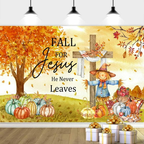 7X5ft Fall for Jesus Backdrop Banner Photography Backdrops Autumn Thanksgiving He Never Leaves Decor Maple Leaves Pumpkin Christian Cross Harvest Birthday Party Photographic Studio Photo Backgrounds