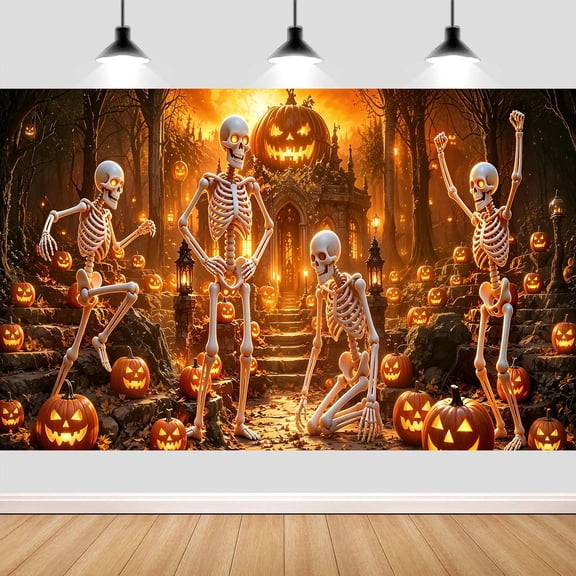 7X5ft Halloween Photography Backdrop, Scary Night Forest Castle Pumpkins Skeletons Party Background Spooky Halloween Decorations Photo Tapestry Props