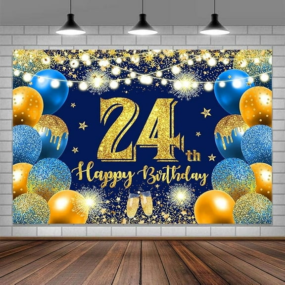 7X5ft Happy 24th Birthday Backdrop, Blue Balloon Birthday Background Blue Gold Glitter Birthday Photography Background Banner, Girls Boys Birthday Party Background Decoration Photo Studio Prop