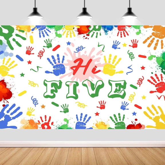 7X5ft High Five Birthday Party Backdrop Banner Decorations, Happy 5th Birthday Colorful Hand Print Photography Background Decorations for Boys Girls Boys Photo Studio Props