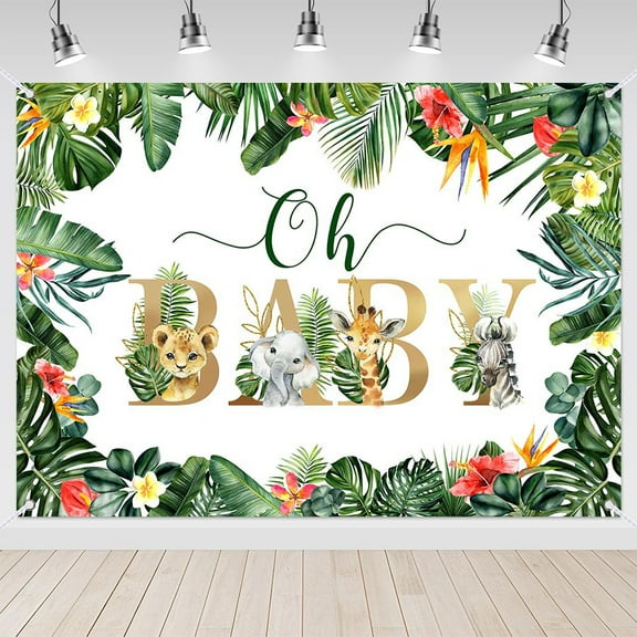 7X5ft Jungle Animals Oh Baby Backdrop for Baby Shower Decoration Vinyl Photography Background Safari Green Greenery Leaves Flower Gender Neutral Birthday Party Photoshoot