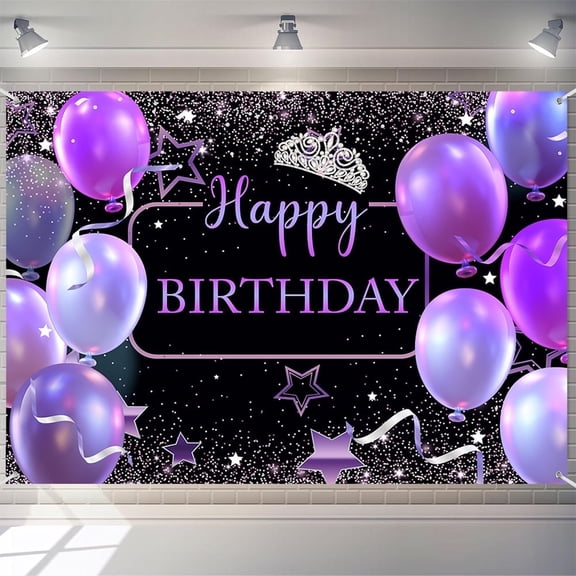 7X5ft Purple Balloon Happy Birthday Backdrop Banner Decorations Sweet 16 Birthday Banner Photo Background for Women Celebration Birthday Party