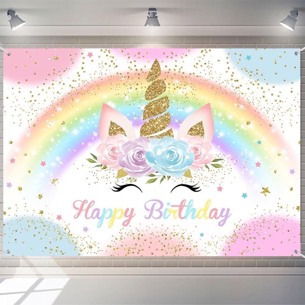 7X5ft Rainbow Unicorn Backdrop Happy Birthday Party Decorations for Girls Watercolor Floral Glitter Stars Dots Unicorn Cake Table Banner Supplies Studio Props