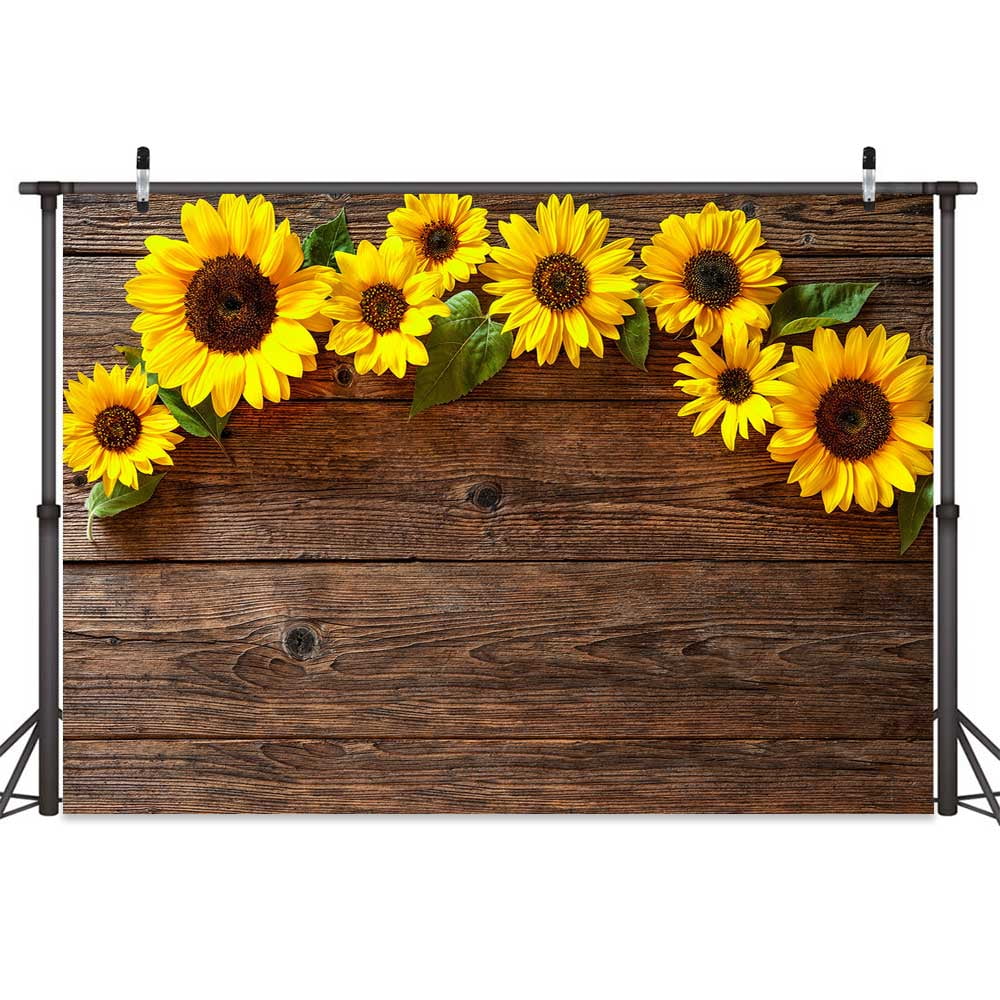 7X5ft Rustic Brown Wood & Yellow Sunflower Backdrop, Retro Style ...
