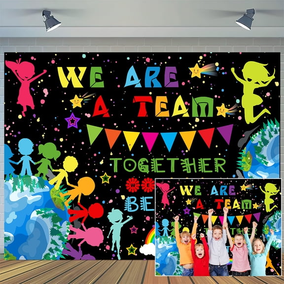 7X5ft Teamwork Backdrop Colorful Confetti Rainbow Earth Celebrations Events Photography Background Black Team Work Theme Decorations Banner Work Together Wall Decor Photo Booth Prop