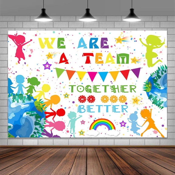 7X5ft Teamwork Backdrop Colorful Confetti Rainbow Earth Celebrations Events Photography Background Team Work Theme Decorations Banner Work Together Wall Decor Photo Booth Prop