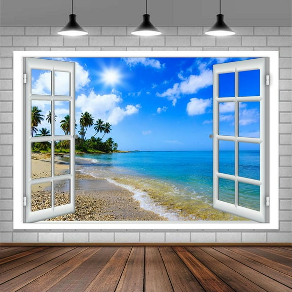 7X5ft Tropical Blue Ocean Beach Photo Backdrop, Outside Window Green Palm Tree Holiday Background Photography Wedding Party Wall Decoration Backdrop Wall for Studio Props