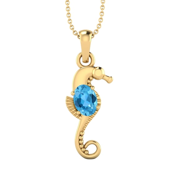 7X5mm Oval Swiss Blue Topaz 925 Silver Gold Vermeil Seahorse Fish Women Valentines Day Gifts Necklace