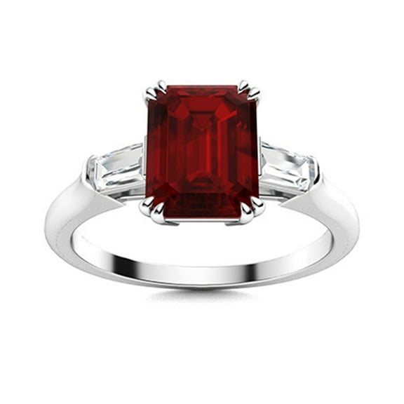 7X5mm Radiant Cut Garnet Side Stone Baguette Valentines Day Gifts 925 Sterling Silver Ring