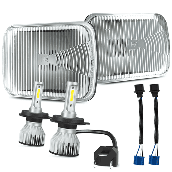 7X6 Inch H6054 Glass Square Headlight Housing + H4/9003 High Low Beam Bulbs for Cars,Truck and Van,Halogen Sealed High Low Dual Beam,OEM Style Original Classic Look Conversion Assembly Pair Kit