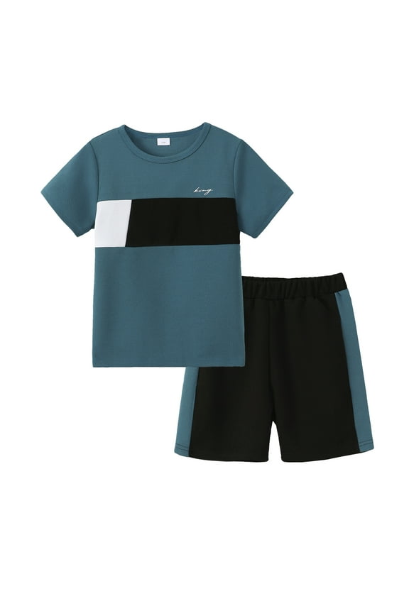 7Y Big Boys Clothes 8Y Boys 2PCS Summer Outfits Set Crew Neck Big Boys Short Sleeve Color-blocked Top Shorts Set Blue