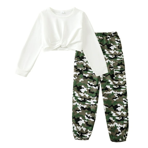 7Y Big Girls Clothes 8Y Girls 2PCS Outfits Set Big Girls Long Sleeve Solid Color Top Camo Pants Set White