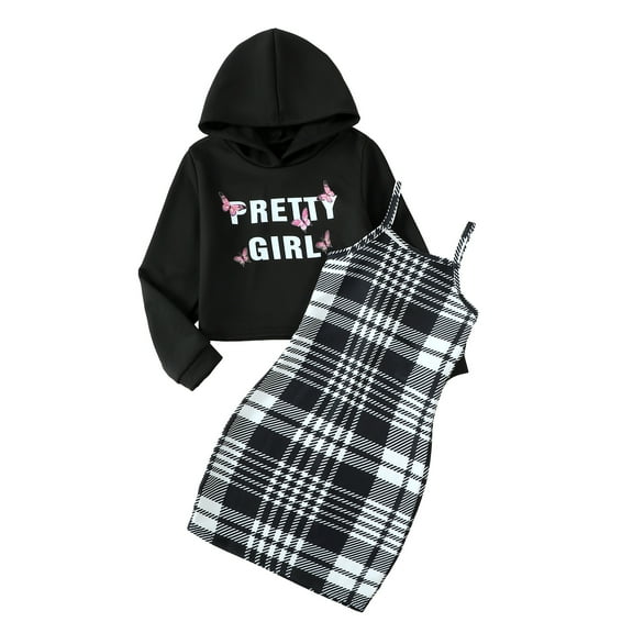 7Y Big Girls Outfits Big Girls Skirt Sets 8Y Big Girls Long Sleeve Letter Print Hooded Top Suspender Dress 2PCS Set Black