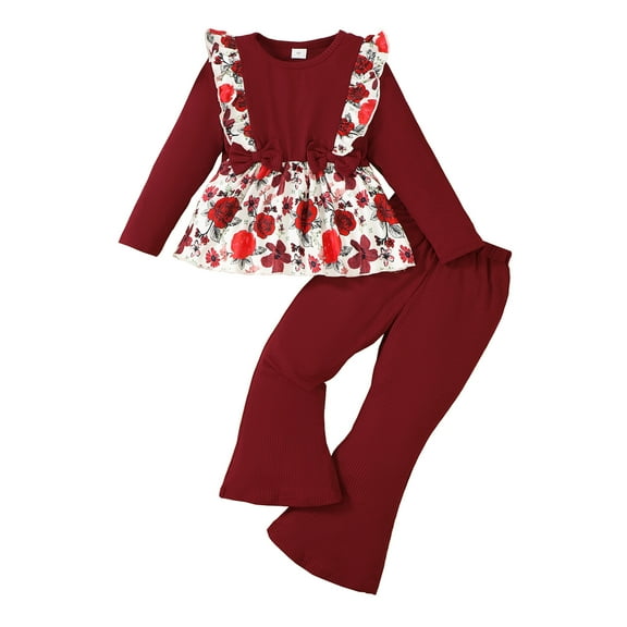 7Y Kids Girls Clothes 7 Years Girls Fall Winter Pant Set Little Girls Long Sleeve Round Neckline Floral Top Pants 2PCS Set Red
