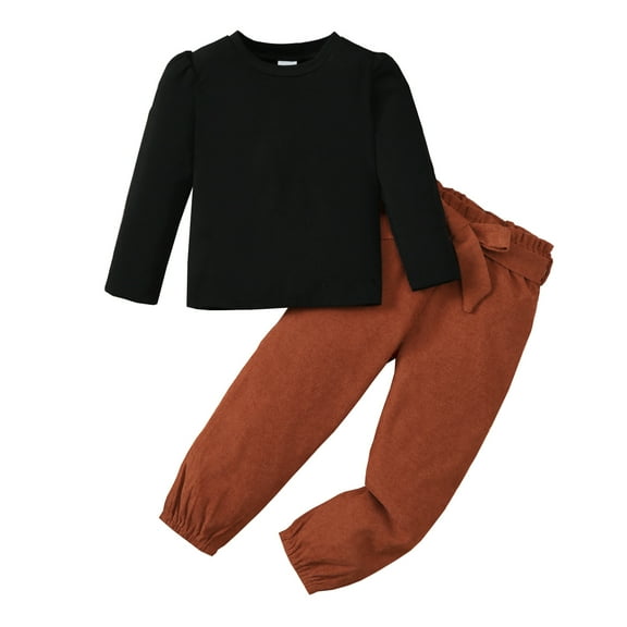 7Y Kids Girls Clothes 7 Years Girls Pant Set Little Girls Long Sleeve Round Neckline Solid Color Top Pants 2PCS Set Black