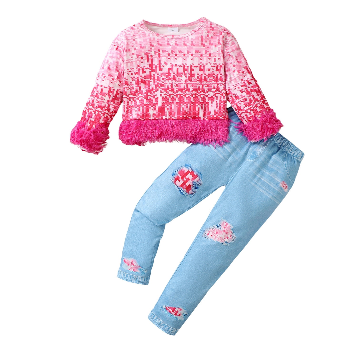 7Y Kids Girls Clothes 7 Years Girls Pant Set Little Girls Long Sleeve Round Neckline Top Pants 2PCS Set Pink