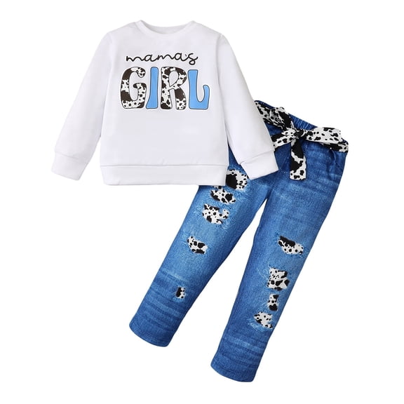 7Y Little GirLS Clothes 7Y Girls 2PCS Outfits Set Letter Print Round Neck Little Girls Long Sleeve Top Pants Set White