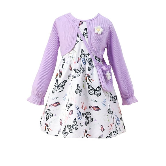 7Y Little Girls Dress Little Girls Long Sleeve Dress 7Y Girls Butterfly Print Fall Winter Dress with Cute Bag Purple