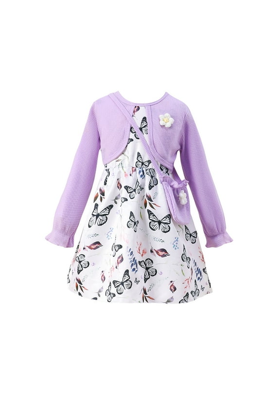 7Y Little Girls Dress Little Girls Long Sleeve Dress 7Y Girls Butterfly Print Fall Winter Dress with Cute Bag Purple