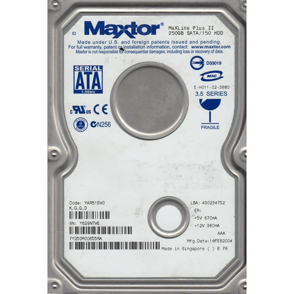 7Y250M0, Code YAR51EW0, KGGD, Maxtor 250GB SATA 3.5 Hard Drive