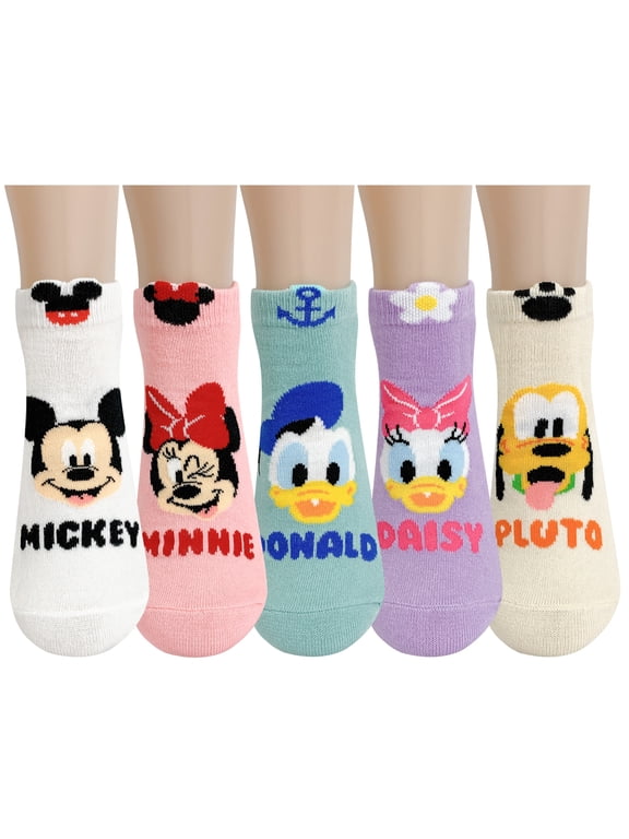 Cartoon Character NO-Show Socks, 5 Pair Set , Mickey Minnie Donald Daisy , Multicolor Set Collection