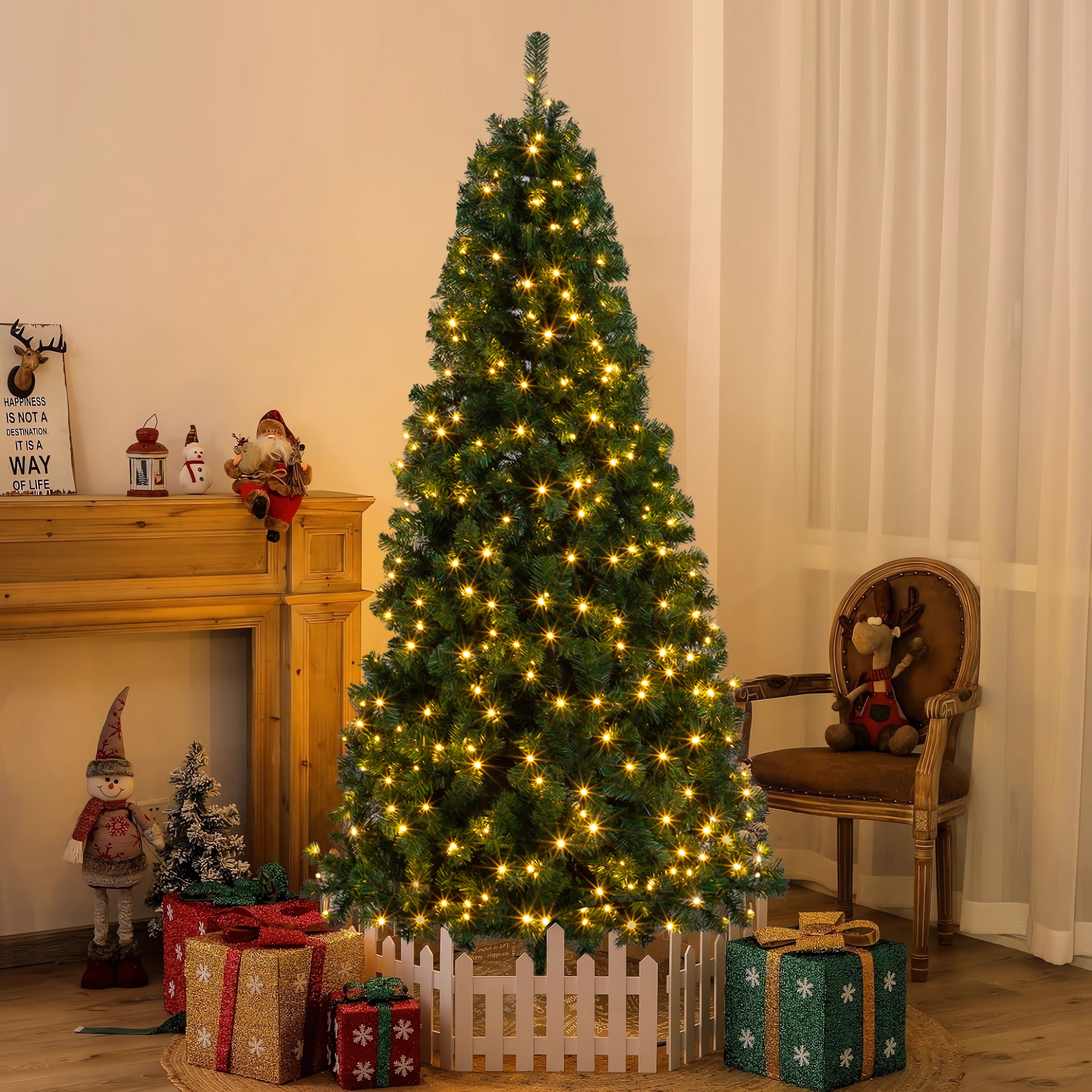 7ft 1100 Branches PVC Material DIY 200 Lights Warm Color 8 Modes Christmas Tree Green