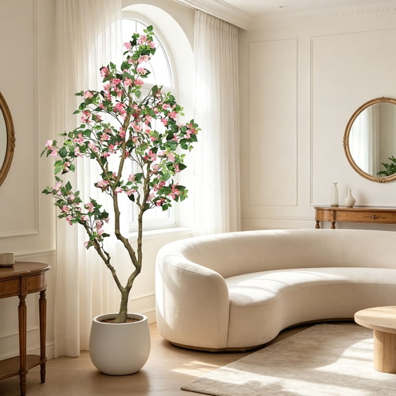 7ft Artificial Bougainvillea Tree with Pink Silk Flowers - Faux Flowering Plant in White Pot for Patio Living Room Decor