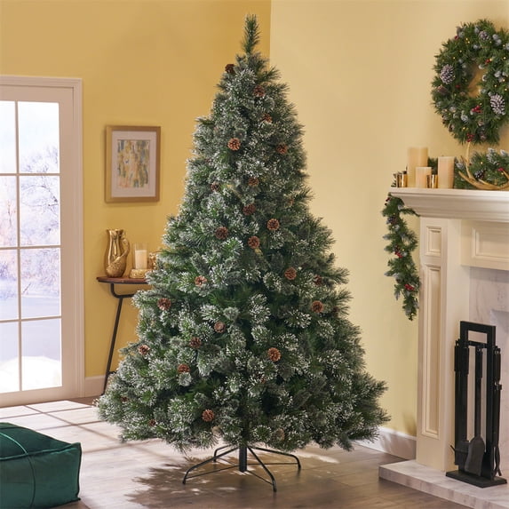 7ft Artificial Christmas Tree, Realistic Snow Flocked Bristle Mixed Tree With 75 Pine Cones 1233 Branch Tips Sturdy Metal Stand For Home Decoration