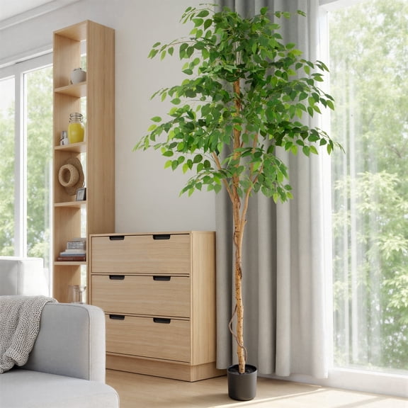 RosyHaven 7ft Resistant UV Artificial Ficus Tree with Real Wood Trunks and Waterproof & Realistic Leaves, 84" Realistic Faux Ficus Tree for Living Room Bedroom Dining Room Balcony Yard Patio Decor