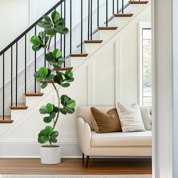7ft Artificial Fiddle Leaf Fig Tree – Extra Tall Realistic Fake Rubber Plant with Lifelike Green Leaves, Natural Wood Trunk, and Black Pot – Ideal for Indoor/Outdoor Home or Office Décor