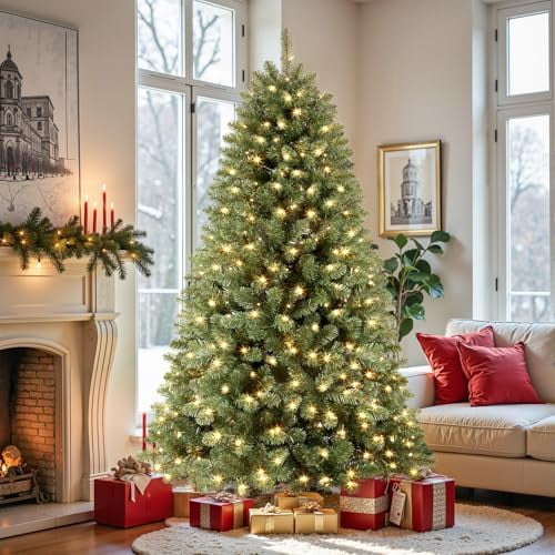 7ft Artificial Hinged Prelit Christmas Tree with 320 Pre-lit Warm White Lights,8 Lighting Modes, Perfect Choice for Xmas Home Decoration, 7 FT$$Home Decor, Kitchen, & Other