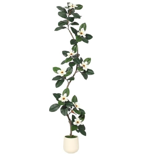 7ft Artificial Magnolia Tree, Tall Fake Plants with White Planters, Artificial Plants Indoor with 8 Pcs Magnolia Flowers for Home Decor Office Living Room