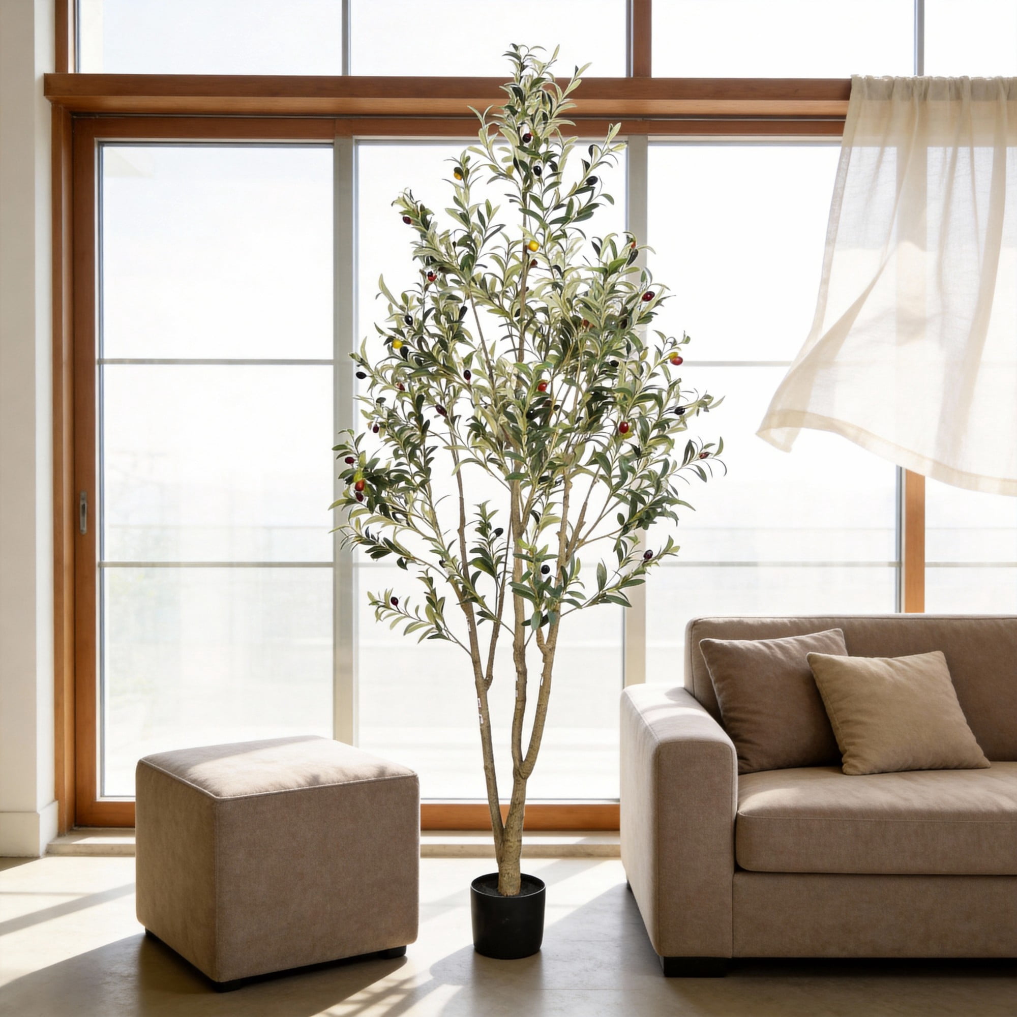 7ft Artificial Olive Plants with Realistic Leaves and Natural Trunk,Faux Olive Tree in Black Plastic Pot for Office Home