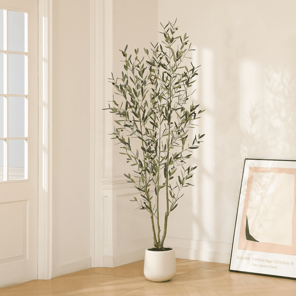 7ft Artificial Olive Tree in Large White Round Pot - Realistic Decorative Indoor Plant for Home and Office