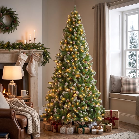 7ft Pre-Lit Christmas Tree, Pre-Decorated Artificial Froste Pine Holiday Decoration w/ 350 Lights, 1000 Frosted Tips, Pine Cones, Metal Base, Hinged Design Easy to Setup, for Home Office Xmas Decor