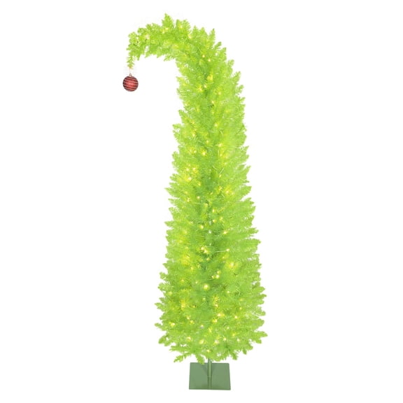 7ft Bent Top Christmas Tree, Pencil Xmas Tree Prelit with 250 Lights, Red Ball, Metal Base
