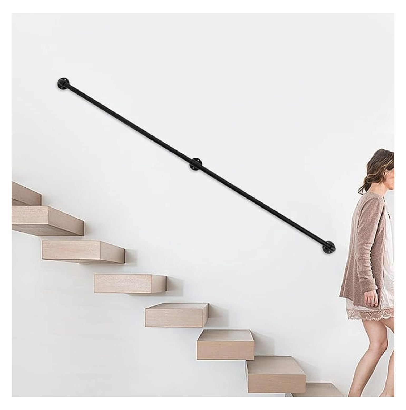 7ft Black Pipe Stair Handrail,Wall Mount Black Galvanized Industrial