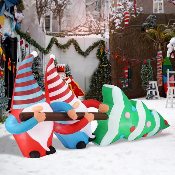 7ft Christmas Inflatable Gnomes Pulling Tree Blow Up Yard Decor with LED Lights for Garden
