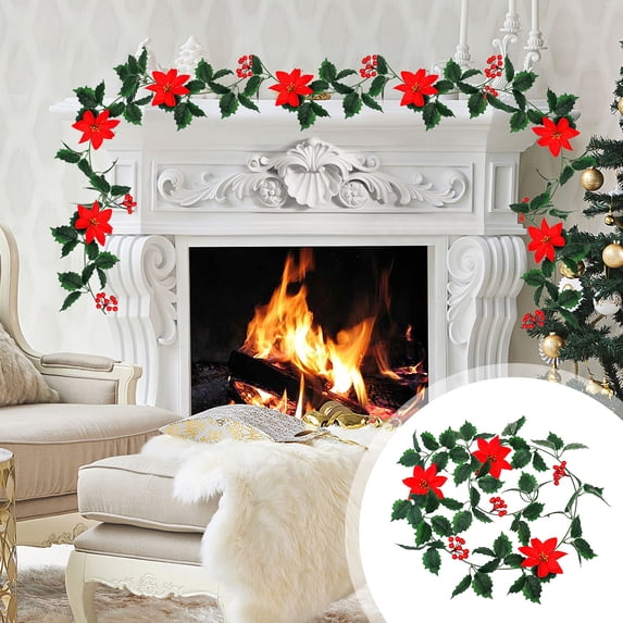 7ft Christmas Poinsettia Flowers Garland Decor Artificial Christmas Garland Indoor Table Decorations Wall Hanging Artificial Red Leaf Vine Decorations for Home
