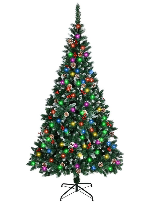 7ft Christmas Tree with Lights, Casacomfy Light Up Christmas Trees with Artificial Pinecones and Red Berries, Green Fake Christmas Tree with 100 LED Christmas Color String Lights